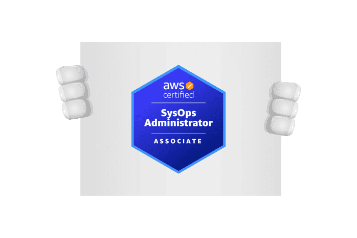 Een bord met de AWS Certified SysOps Administrator Associate badge