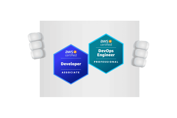 Een bord met de AWS Certified Developer Ass. badge & DevOps Engineer Prof. badge
