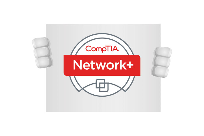 Buddy onze mascotte met het CompTIA Network+ logo