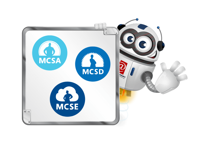 Mascotte Buddy met de Microsoft MCSA, MCSD, MCSE certificering