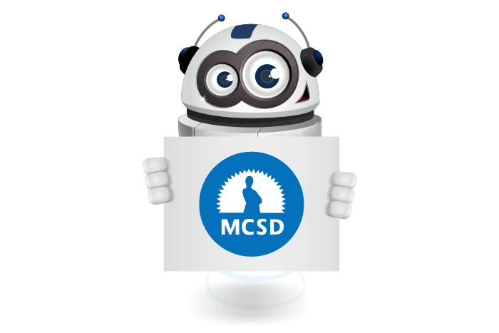 Buddy onze mascotte met het MCSD Logo