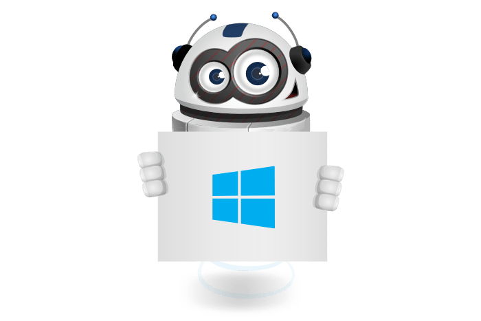 Buddy de mascotte die een bord met het Microsoft Windows logo vastheeft