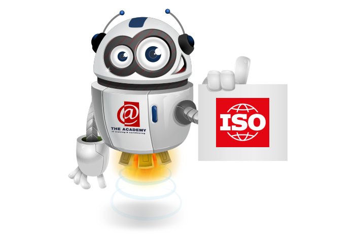 Buddy de mascotte die een bord met het ISO logo vastheeft