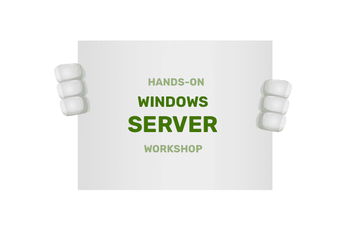 Buddy houdt een bordje vast met Workshop Microsoft Windows Server Beheer