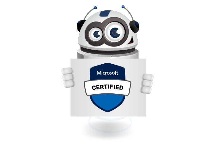 Buddy de mascotte die een bord met Microsoft certified logo vastheeft