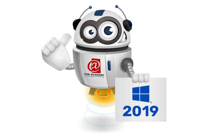 Buddy de mascotte die een bord met het Server 2019 logo vastheeft
