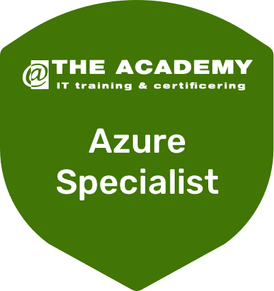 Groen schild @The Academy logo en Azure Specialist tekst