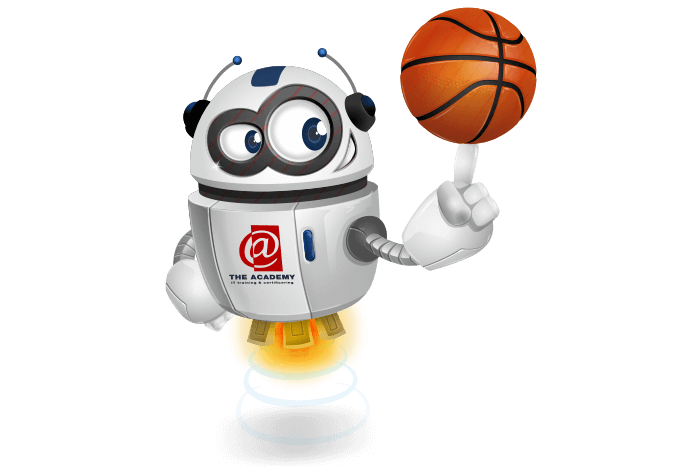 Buddy de mascotte die een bord met het . logo vastheeft
