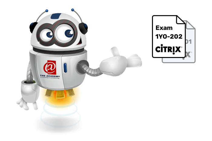 Buddy de mascotte wijst naar het nieuwe examen