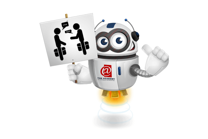 Buddy de mascotte die een bord vasthoudt met twee poppetjes in dialoog