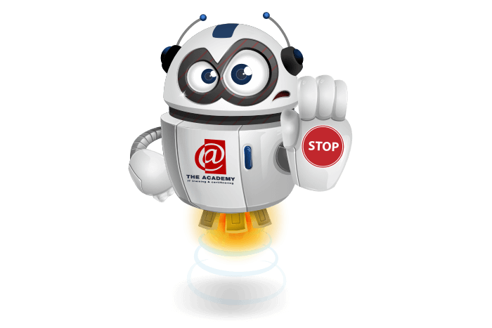 Buddy de mascotte die boos kijkt met stop bordje op zijn hand