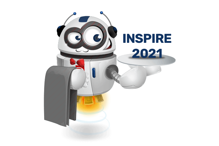 Buddy de mascotte met een dienblad met Inspire 2021