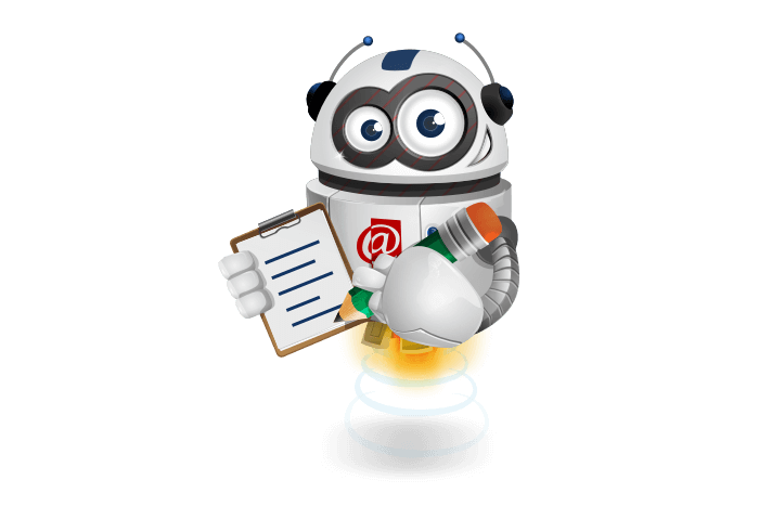 Buddy de mascotte die een notitieblok vastheeft
