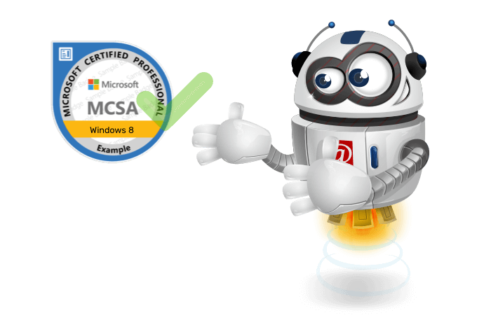 Buddy de mascote kijkt naar het MCSA windows 8 embleem