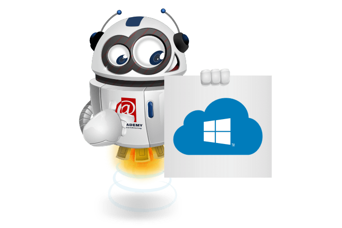 Buddy de mascotte die een bord met het Microsoft Cloud logo vastheeft