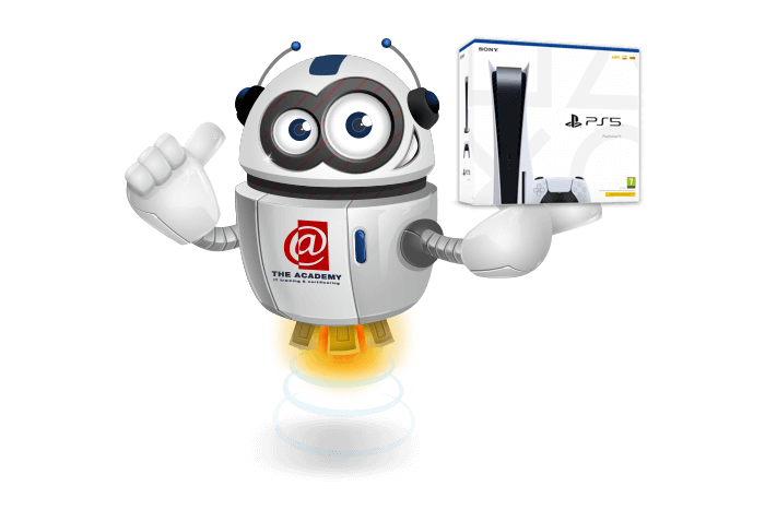 Buddy de mascotte met zijn duim omhoog en een PS5 in doos