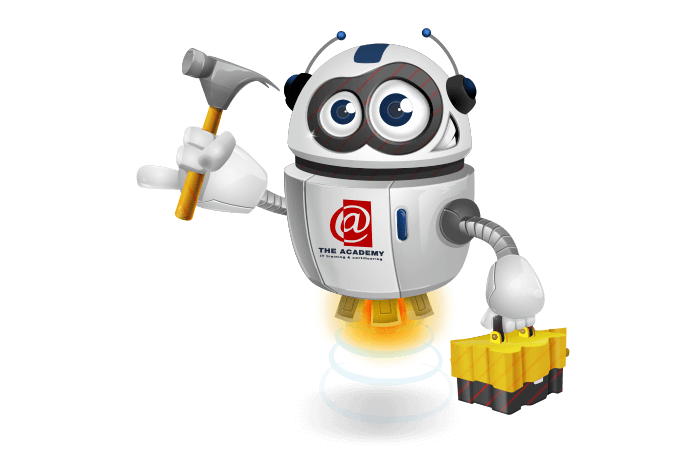 Buddy de mascotte met een hamer en koffertje