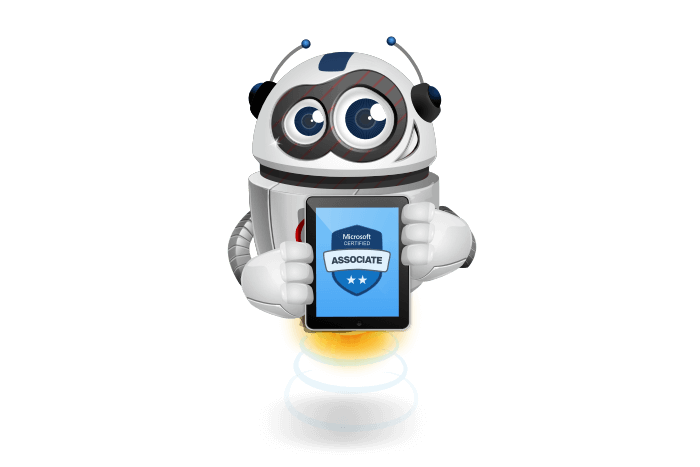 Buddy de mascotte met een tablet met het Microsoft Associate logo
