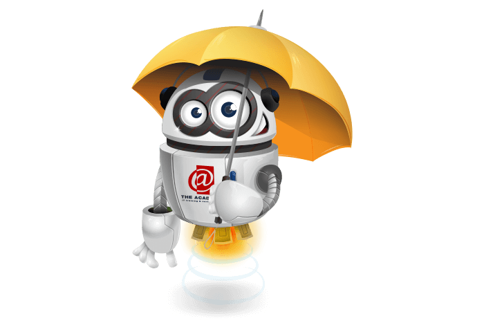 Buddy de mascotte met een paraplu
