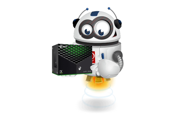 Buddy de mascotte met zijn duim omhoog en een Xbox in doos