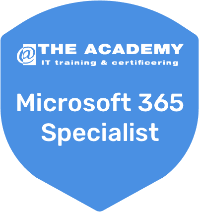 Blauw schild met @The Academy Logo en Microsoft 365 Specialist