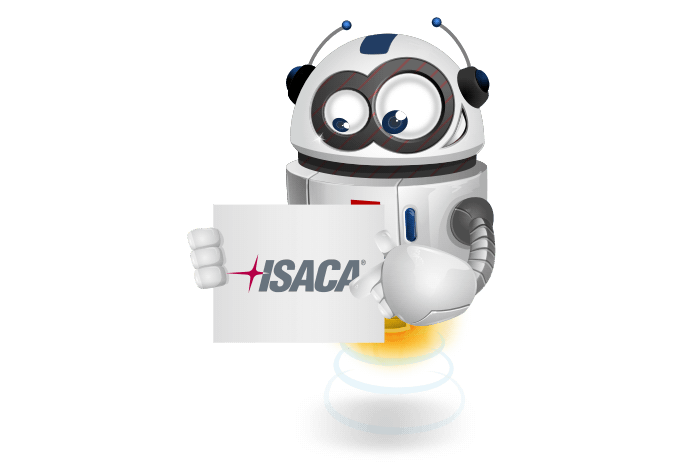 Buddy onze mascotte kijkt naar het Isaca logo