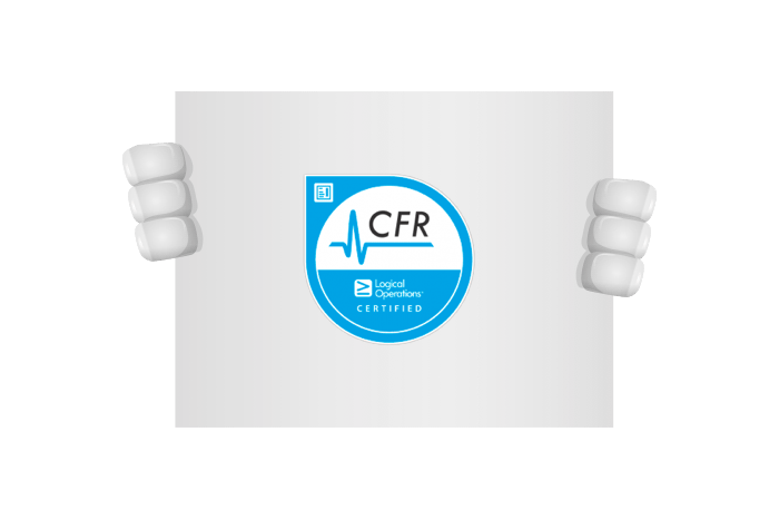 Buddy onze mascotte die het CFR logo vastheeft