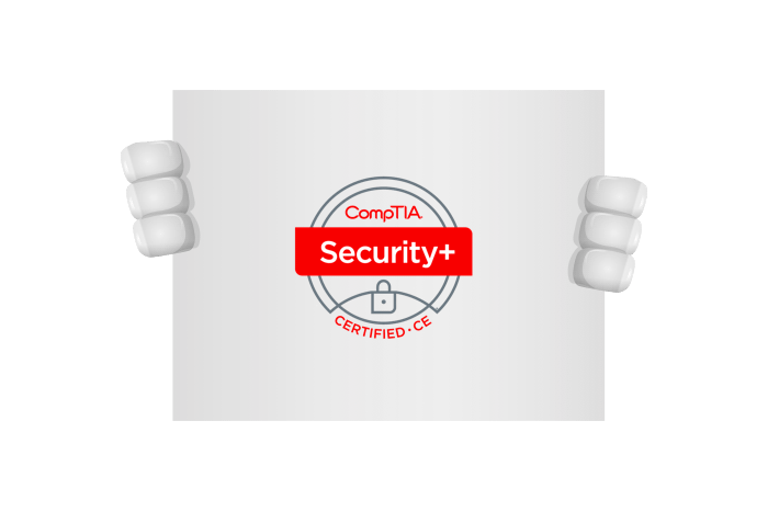 Buddy onze mascotte die het CompTIA Security+ logo vastheeft