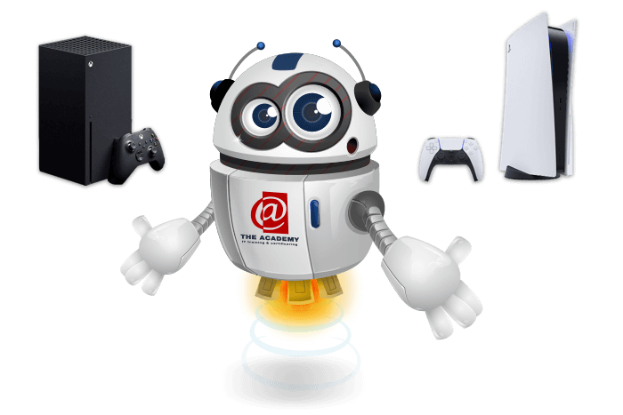 Buddy de mascotte is onder de indruk en laat een Playstation 5 en Xbox zien