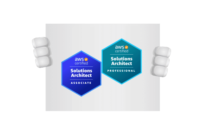 Een bord met de AWS Certified Solutions Architect, Associate & Professional badge