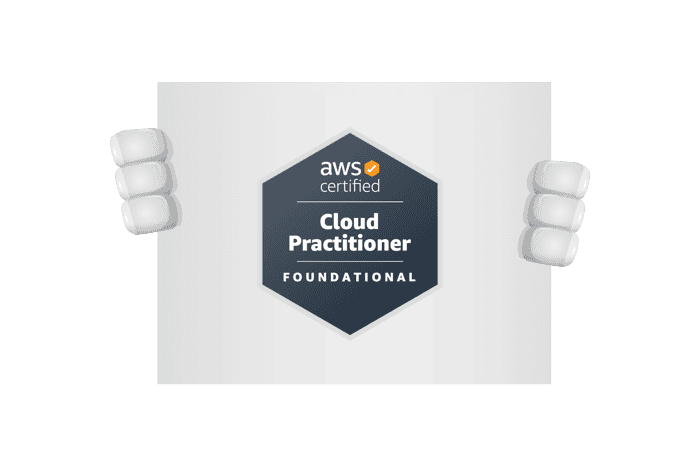 Een bord met de AWS Cloud Practitioner Badge