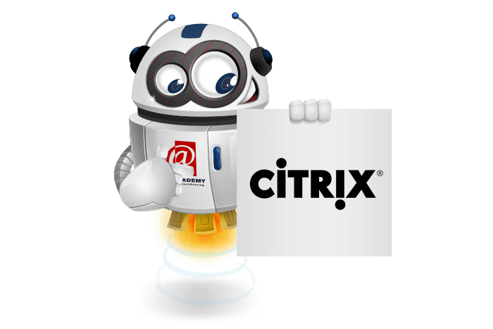 Buddy onze mascotte houdt een bord met het Citrix Logo vast