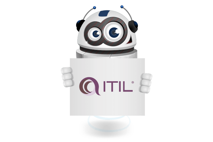 Buddy onze mascotte houdt een bord met het ITIL Logo vast
