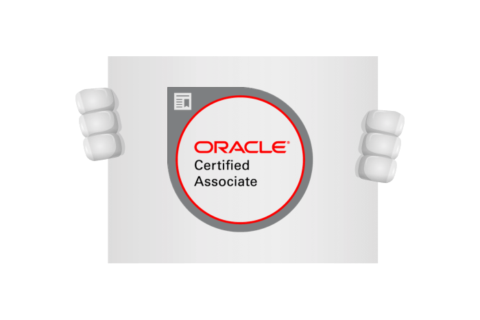 Buddy onze macotte heeft een bord met het Java Oracle Certified Associate (OCA) vast