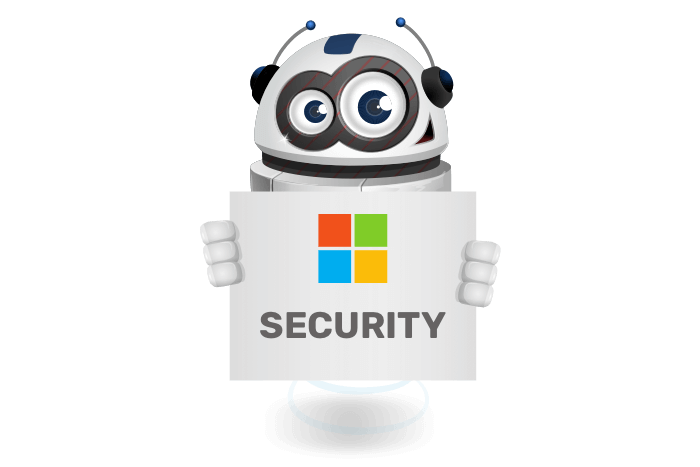 Buddy onze mascotte met een bord met het Microsoft Security logo
