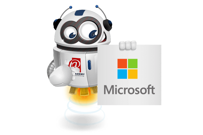 Buddy onze mascotte houdt een bord met het Microsoft Logo vast