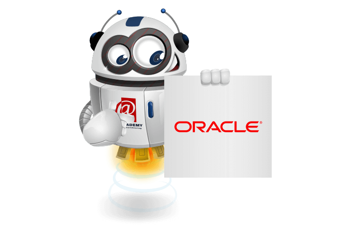 Buddy onze mascotte kijkt enthousiast naar het Oracle Logo