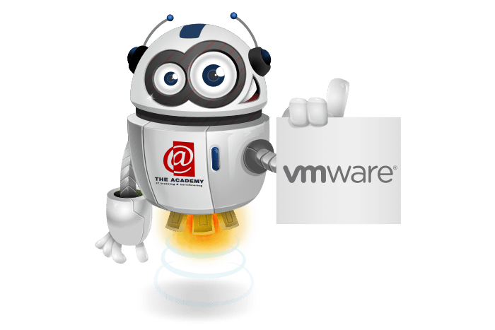 Buddy onze mascotte houdt een bord met het VMware Logo vast