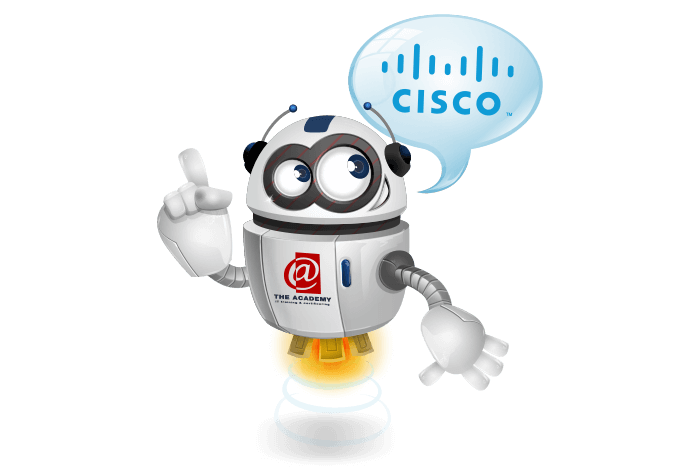 Buddy de mascotte met een praatwolkje met Cisco