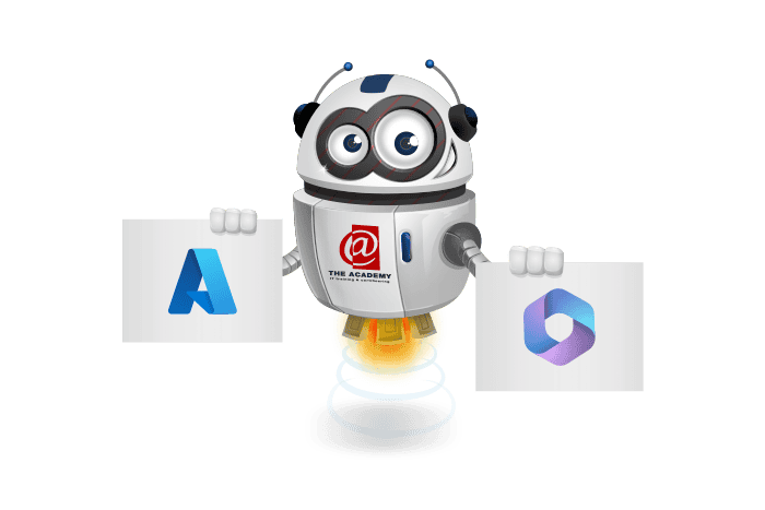 Buddy onze mascotte houdt een bord vast met het Microsoft Azure en Microsoft Copilot Logo