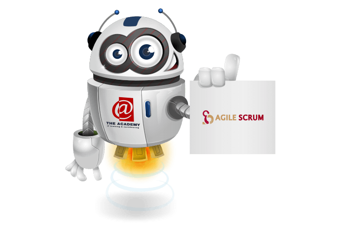 Buddy de mascotte die een bord met het Agile Scrum logo vastheeft