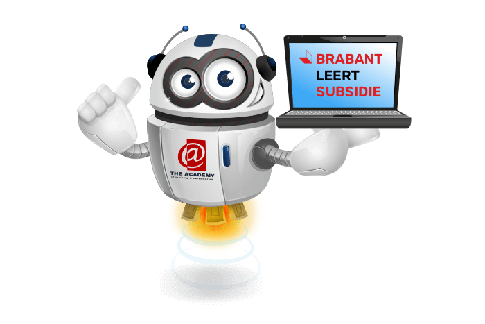 Buddy de mascotte met een laptop met het Brabant Leert logo