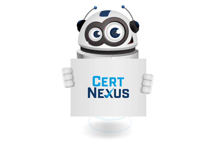 Buddy onze mascotte kijkt naar het CertNexus logo