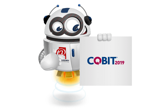 Buddy de mascotte die een bord met het Cobit2019 logo vastheeft