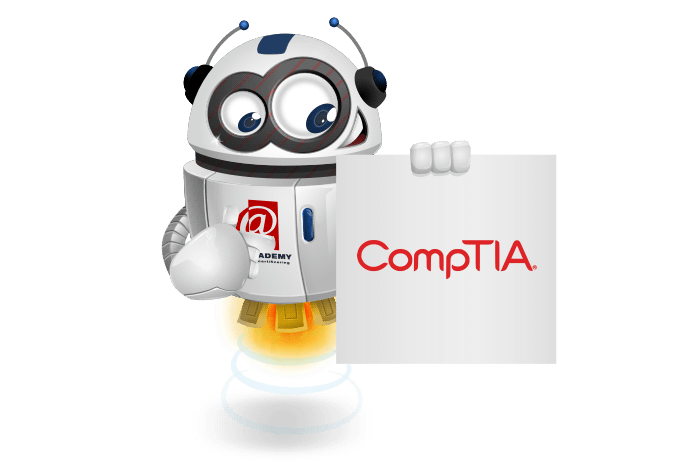 Buddy onze mascotte kijkt naar het Comptia logo