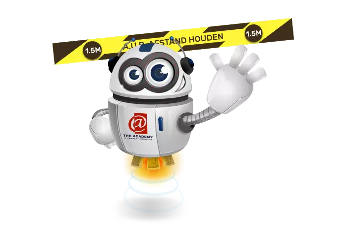 Buddy de mascotte met een geel lint