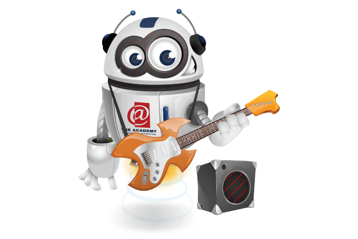 Buddy onze mascotte met een elektrische gitaar