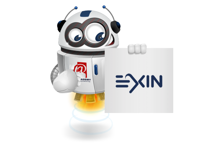 Buddy onze mascotte houdt een bord met het EXIN Logo vast