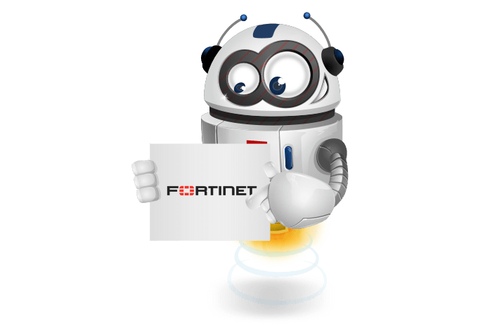 Buddy de mascotte die een bord met het Fortinet logo vastheeft