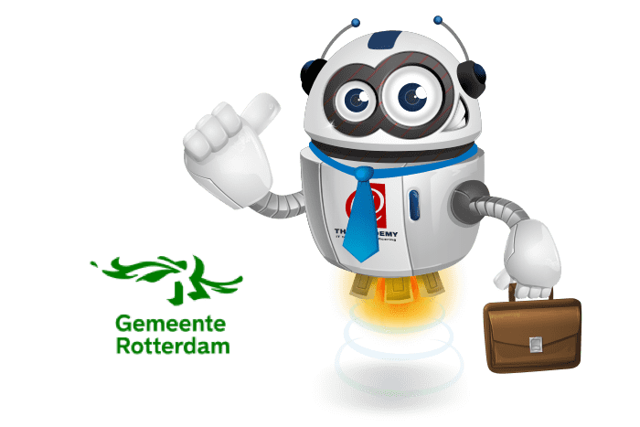 Buddy de mascotte met aktetas en het logo van Gemeente Rotterdam
